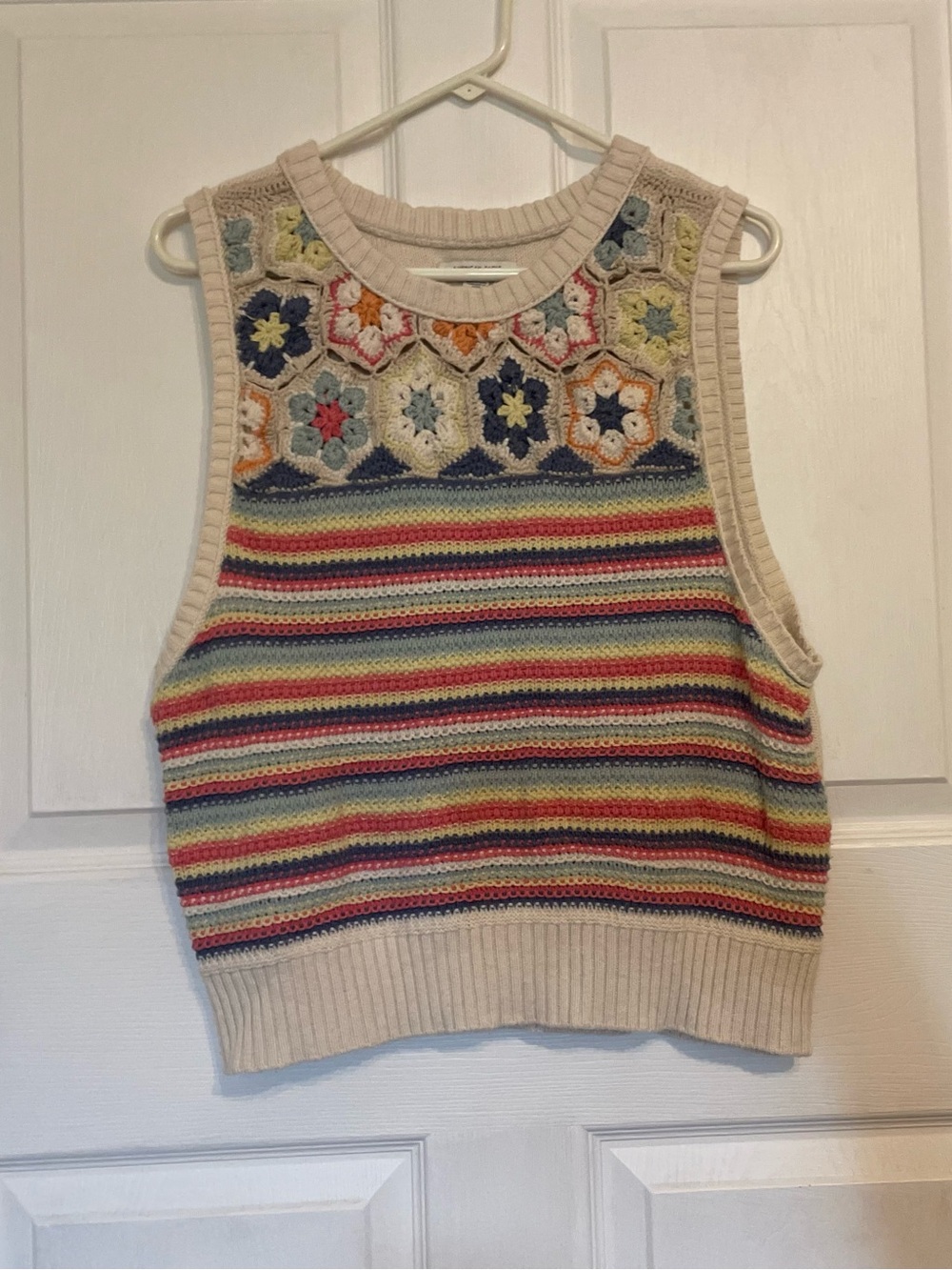 American Eagle Outfitters Crochet Floral Stripe Tank - Cream Multicolor